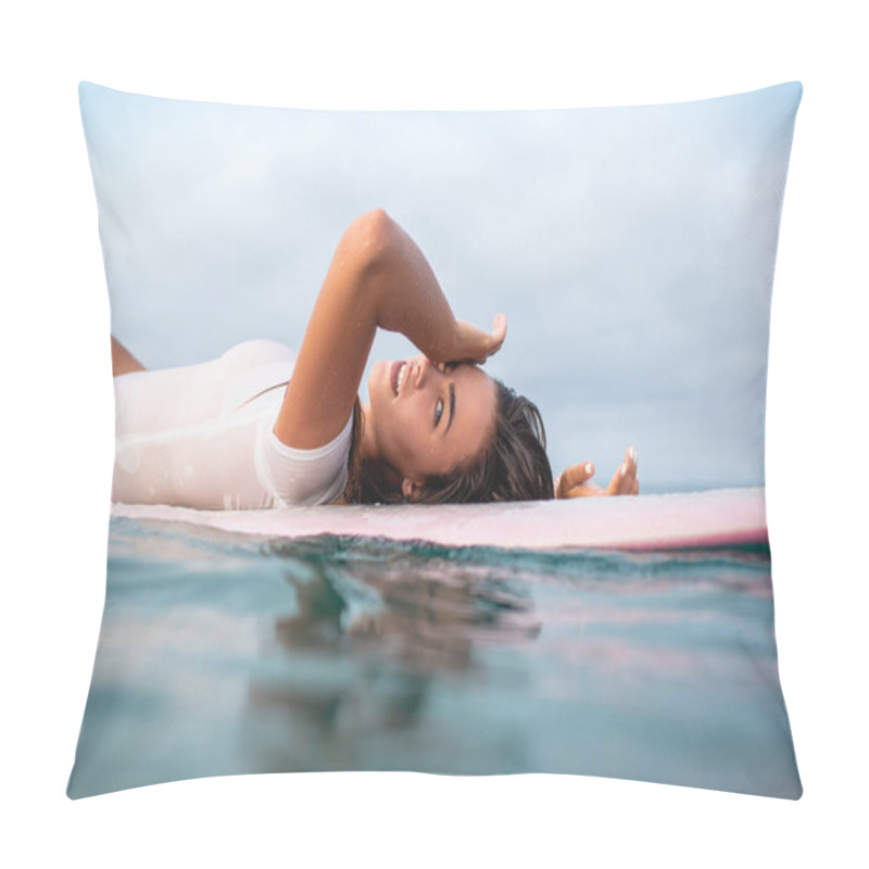 Personality  Beautiful Young Woman Relaxing On Surfboard In Ocean During Summer Vacation Pillow Covers