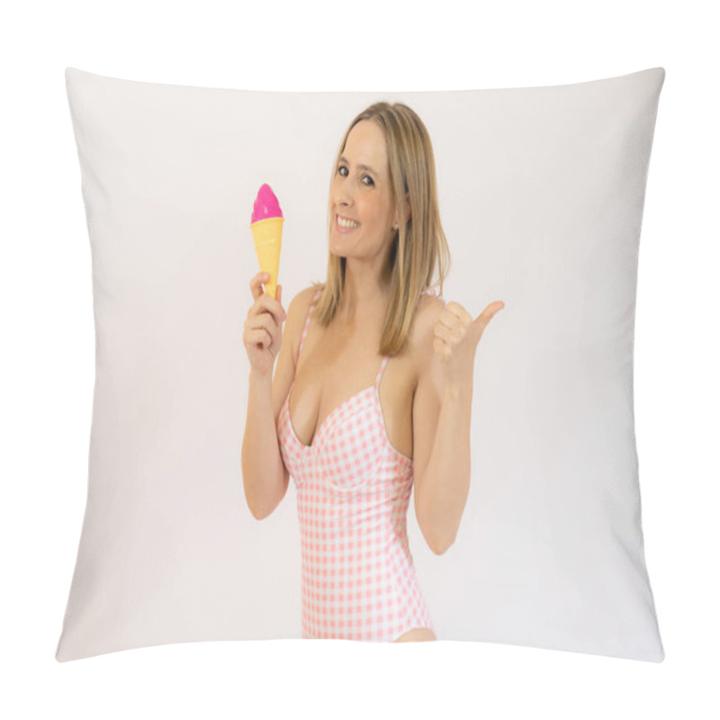 Personality  Woman Hold Ice-cream. Girl In Sexy Pink Swimsuit Hold Ice Cream Dessert Happy Smiling Ready To Eat. Summer Vibes Concept, Female On Diet Have Cheat Meal Day Pillow Covers