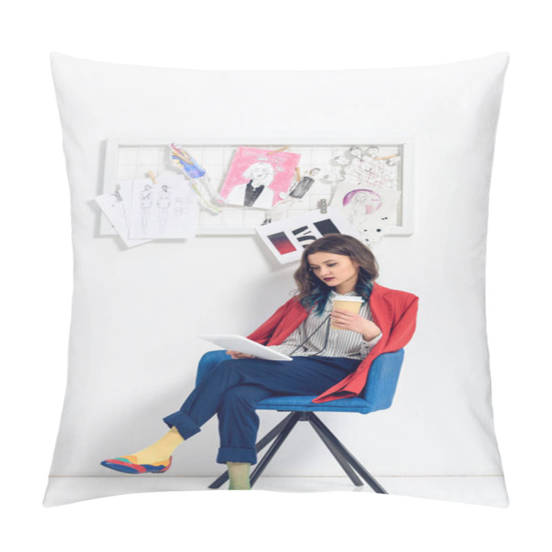 Personality  Pretty Lady Working On Tablet And Holding Coffee Cup In Light Studio Pillow Covers