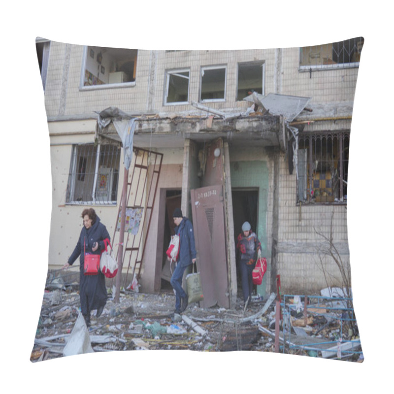 Personality  Kyiv, UKRAINE - March, 14 2022 Russian Invasion Of Ukraine Bombed Building Destroyed War Refugees. Rocket Bomb Attack Russia Against Ukraine War Destruction Building Ruins People Leave Or Fleeing War Pillow Covers