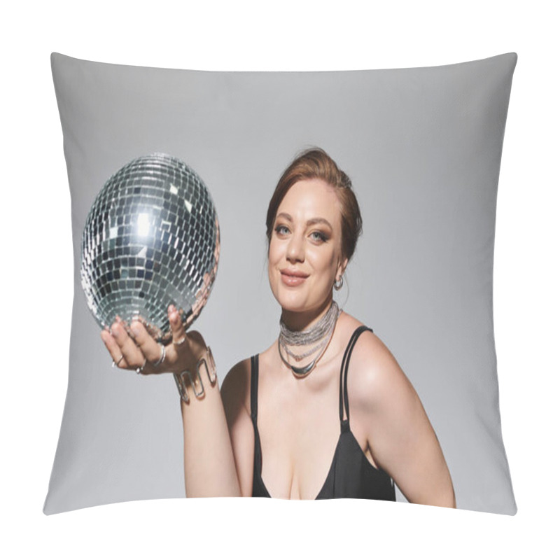 Personality  A Beautiful Young Woman, Dressed Elegantly, Playfully Holds A Sparkling Disco Ball, Exuding Charm. Pillow Covers