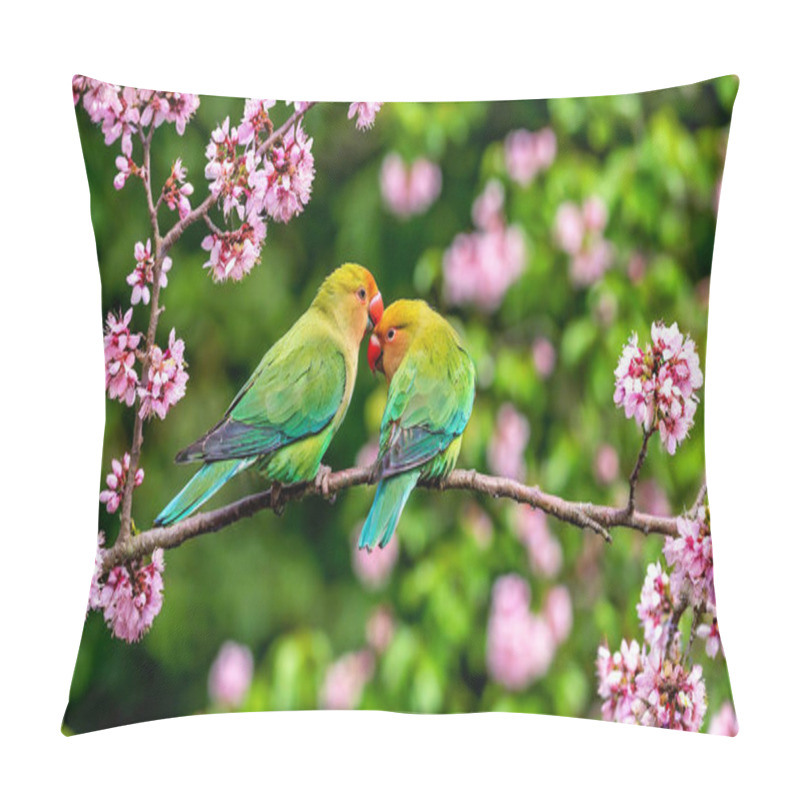 Personality  Two Lovebirds Perched On A Heart-shaped Tree Branch, Surrounded By Delicate Pink Flowers. Pillow Covers