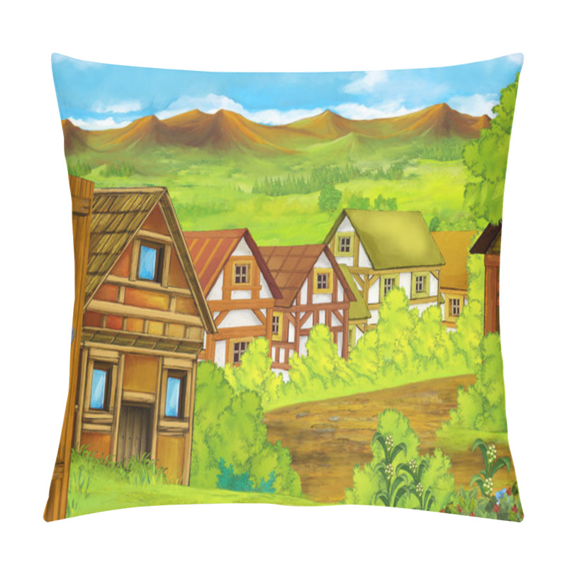 Personality  Cartoon Scene With Mountains Valley Near The Forest With Wooden House Illustration For Children Pillow Covers