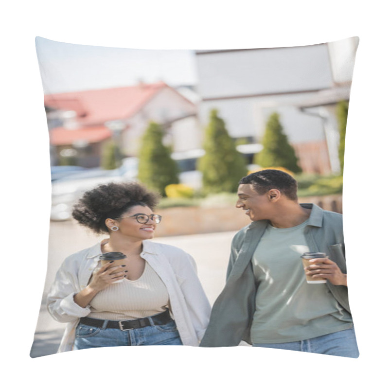 Personality  Smiling African American Couple With Takeaway Coffee Holding Hands On Urban Street Pillow Covers