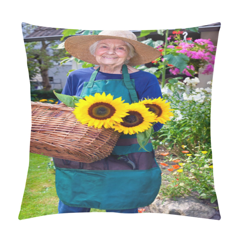 Personality  Senior Woman Carrying Baskets Of Sunflowers Pillow Covers