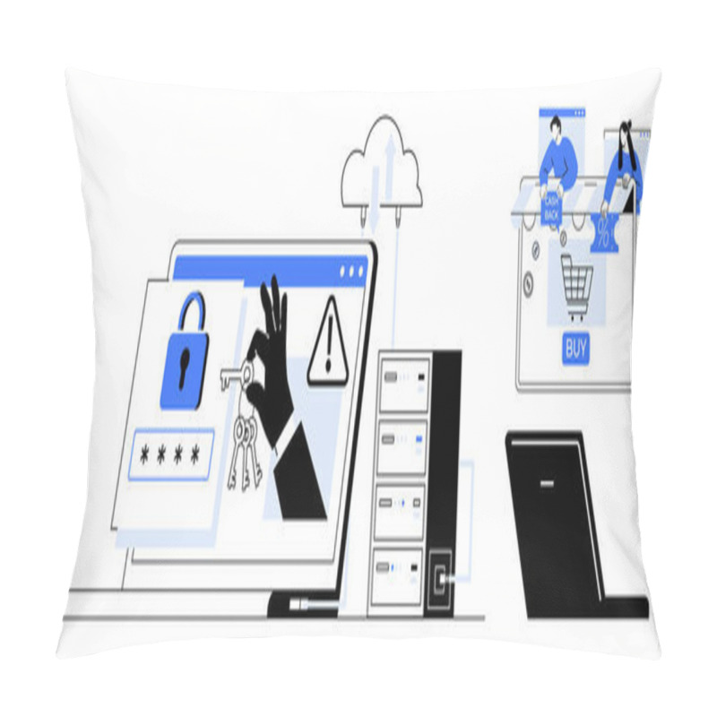 Personality  Cybersecurity Theme With Laptop, Lock Icon, Key, And Server, Plus Online Shopping With Cart, Laptop, Cloud. Ideal For Technology, Security E-commerce Data Protection Passwords Online Pillow Covers