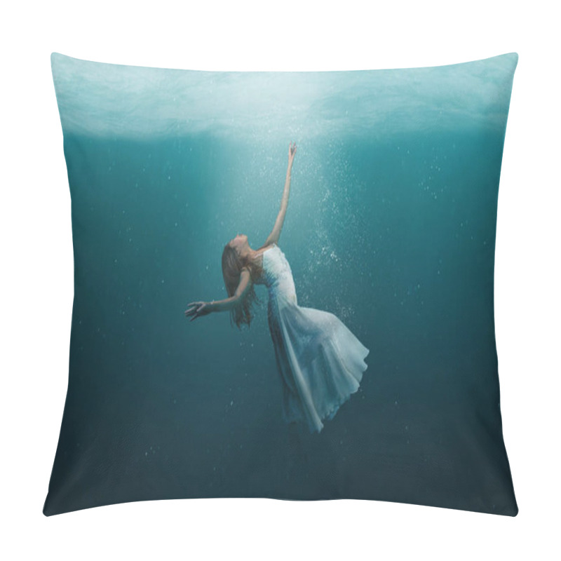 Personality  Elegant Girl Dancer In White Dress In A State Of Levitation Under The Deep Waters Of The Ocean With Sunlight Beaming On Her Face.  Pillow Covers