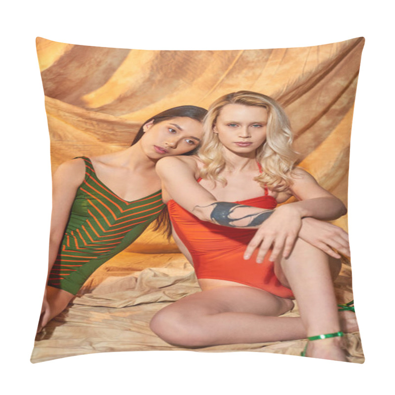 Personality  Diversity And Fashion, Multicultural Models In Swimwear Sitting On Beige Backdrop With Drapery, Pose Pillow Covers