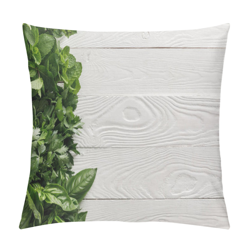 Personality  Top View Of Fresh Green Basil, Cilantro, Parsley And Peppermint Bundles On White White Wooden Surface Pillow Covers