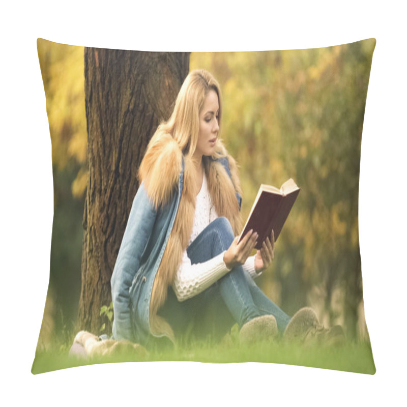 Personality  Beautiful Woman Reading Bestseller As Sitting Under Tree In Autumn Forest, Hobby Pillow Covers