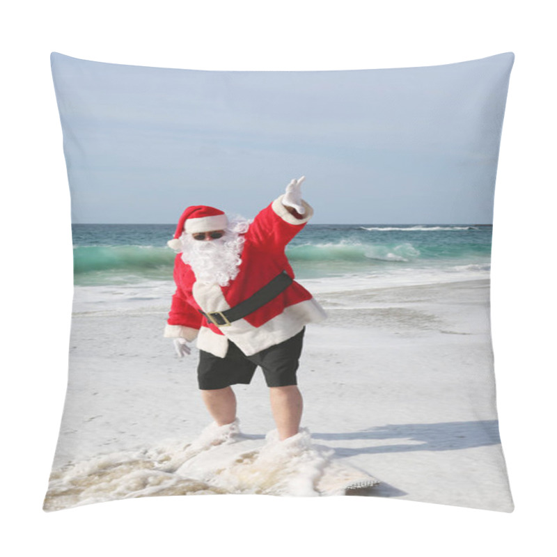 Personality  Surfing Santa. Santa Claus Is Riding A Surf Board. Santa Claus In Sunglasses Surfing In The Ocean. Santa Claus Surfs On His Surf Board While On A Beautiful Beach With A Blue Ocean. Christmas Vacation. Pillow Covers