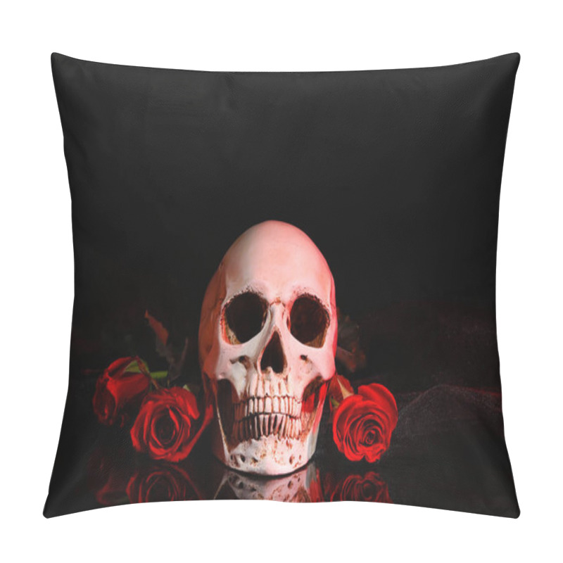 Personality  Beautiful Red Rose And Human Scull On Dark Background Pillow Covers