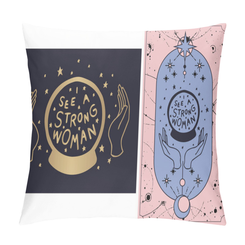 Personality  I See A Strong Woman, A Magic Ball With Rays Of Light In The Hands Of Line Art And The Point Of A Fortune Teller. Boho Chic TAROT CARDS Tattoo,  Pillow Covers