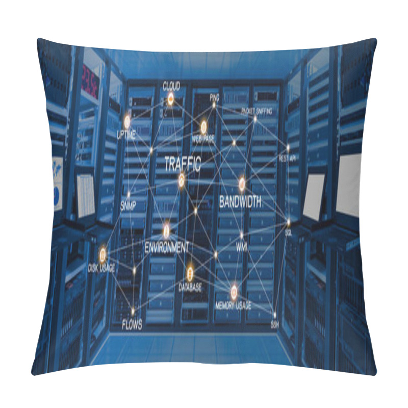 Personality  Network Monitoring Concept, Connection Monitoring Services Icon On Data Center Room Pillow Covers