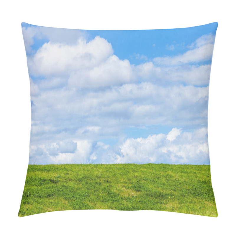 Personality  Green Grass Background Showing An Horizon Of Cumulous Fluffy Clouds With A Blue Sky In An Agricultural Pasture Field, Stock Photo Image With Copy Space Pillow Covers