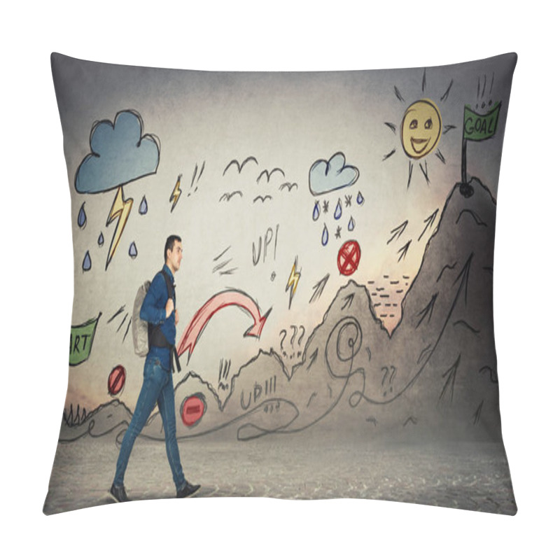 Personality  Casual Man Starting A Traveler Quest With Obstacles Drawn On Wall. Self Overcome Imaginary Climbing Mountain With Ups And Downs For Reaching Goals. Difficult Road To Finish Flag. Career Move Metaphor. Pillow Covers