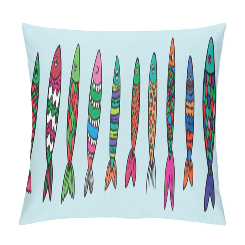 Personality  Set Of Fish Animals Cartoon Icon Design Template With Various Models. Modern Vector Illustration Isolated On Blue Background Pillow Covers