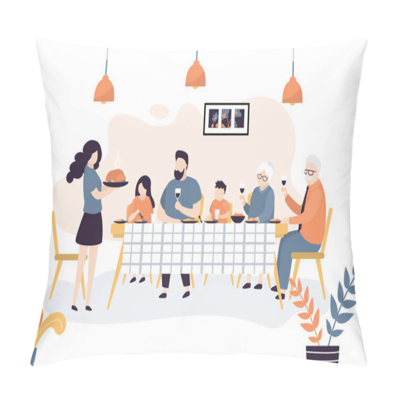 Personality  The Huge Family Is Sitting At The Table. People Eat Together. Family Portrait Banner. Grandparents, Parents And Two Children. Dining Room Ot Kitchen Interior. Trendy Style Vector Illustration Pillow Covers