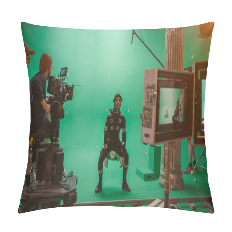 Personality  In The Big Film Studio Professional Crew Shooting Blockbuster Movie. Director Commands Camera Operator To Start Shooting Green Screen CGI Scene With Actor Wearing Motion Tracking Suit And Head Rig Pillow Covers