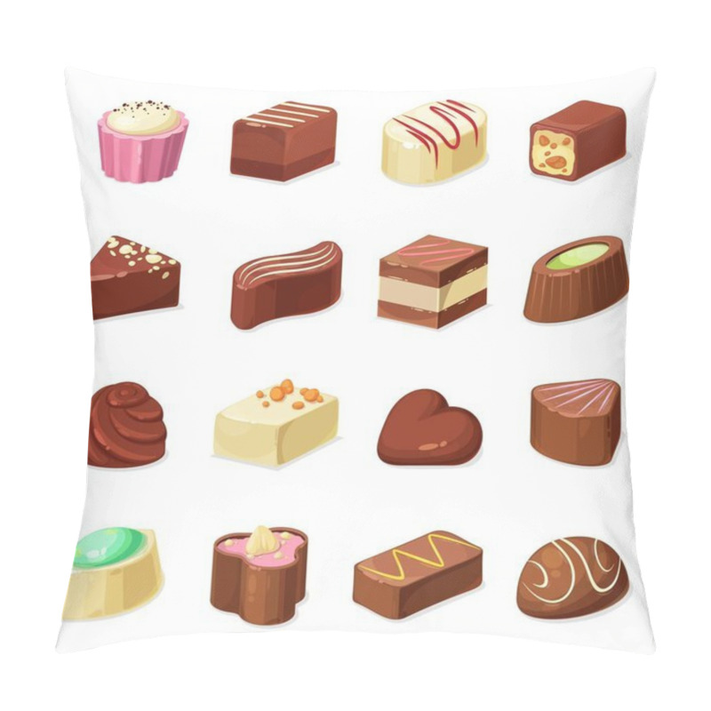 Personality  Chocolate Candy And Sweets Vector Design Of Dessert Food. Candy And Truffle Set With Dark, Milk And White Chocolate Coating, Filled With Nut Praline, Caramel, Cocoa Cream, Nougat And Coffee Mousse Pillow Covers