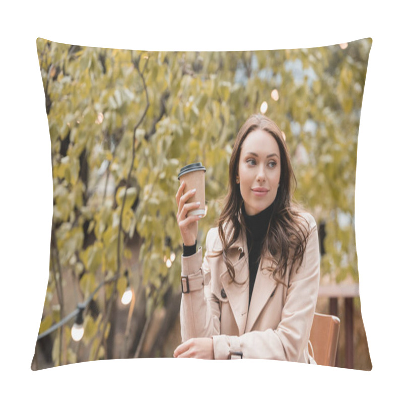 Personality  Dreamy Woman In Beige Trench Coat Holding Paper Cup With Coffee To Go In Autumnal Park Pillow Covers