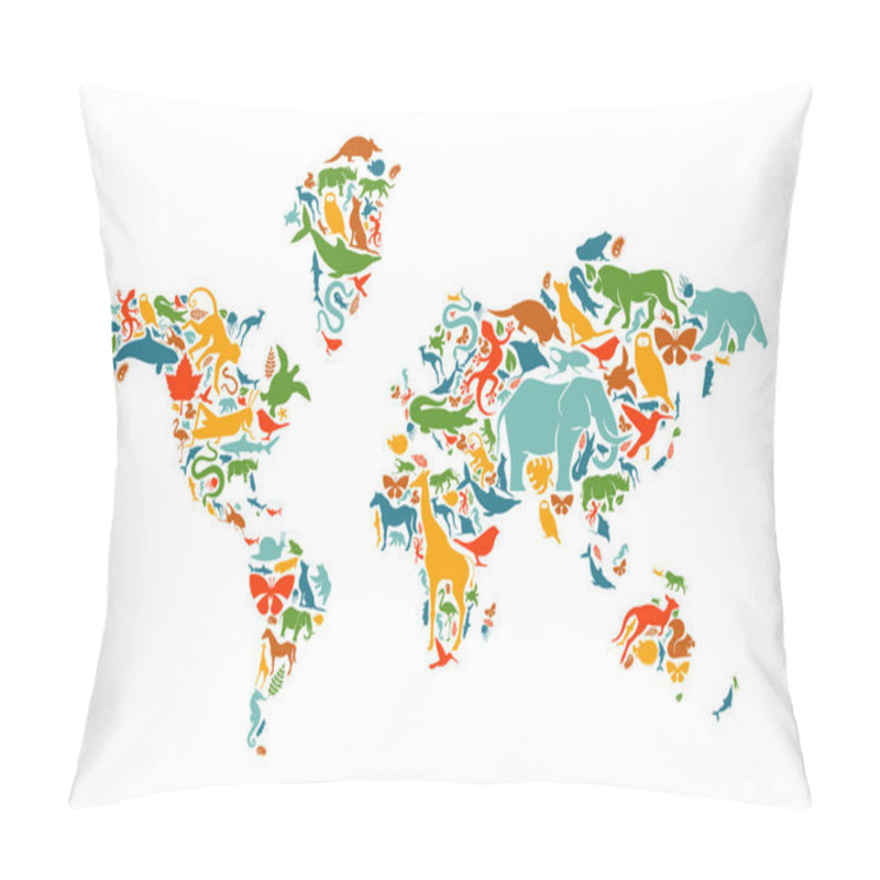 Personality  Diverse Animal Shapes Making World Map Shape On Isolated White Background. Colorful Animals Silhouette Illustration For Wild Life Planet Concept Or Earth Biodiversity Campaign. Pillow Covers