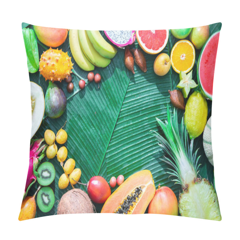 Personality  Assortment Of Tropical Fruits On Leaves Of Palm Trees. Top View Pillow Covers