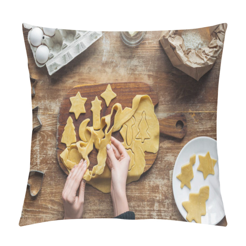 Personality  Partial View Of Woman Preparing Christmas Cookies On Wooden Tabletop With Ingredients Around Pillow Covers