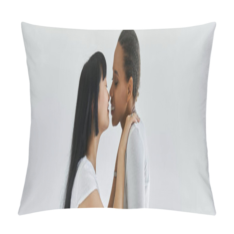 Personality  An Asian Woman Holds An African American Woman Close, Their Faces Inches Apart In A Tender Moment. Pillow Covers