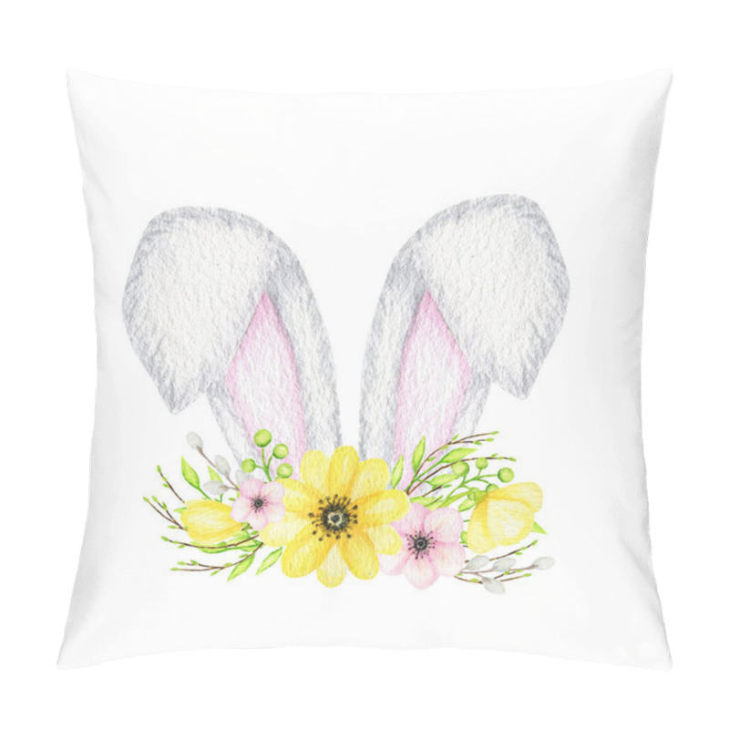 Personality  Watercolor Easter Bunny Ears With Floral Crown Isolated Yellow Pink Illustration On White Background. Hand Painted Cartoon Spring Holidays Rabbit Ears Pillow Covers