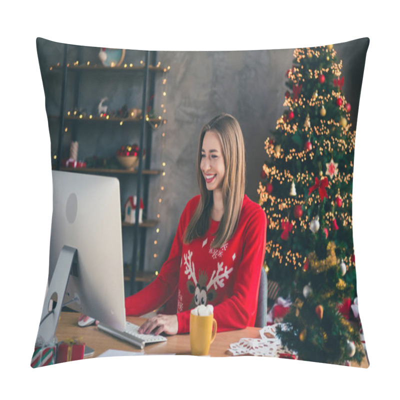 Personality  Photo Of Nice Young Girl Working Computer Wear Christmas Clothes Enjoy Modern Cozy X-mas Party Decoration Interior Flat Indoors. Pillow Covers