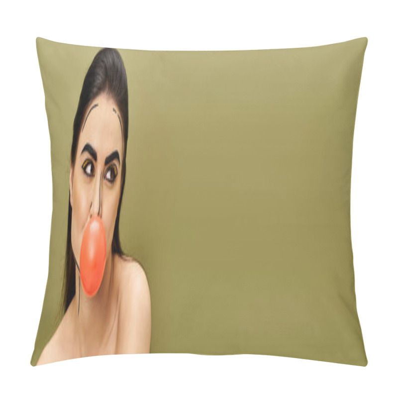 Personality  A Pretty Brunette Woman With A Bubble Gum, Showcasing Pop Art Makeup Pillow Covers