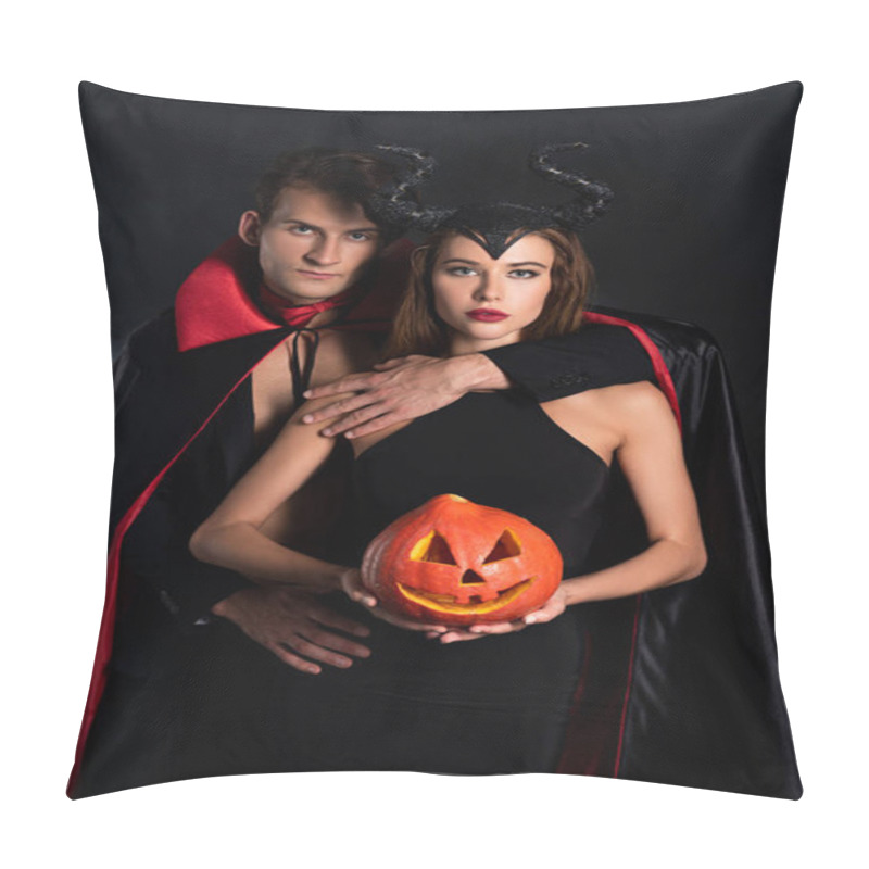 Personality  Man In Halloween Costume Near Woman Holding Spooky Pumpkin On Black  Pillow Covers