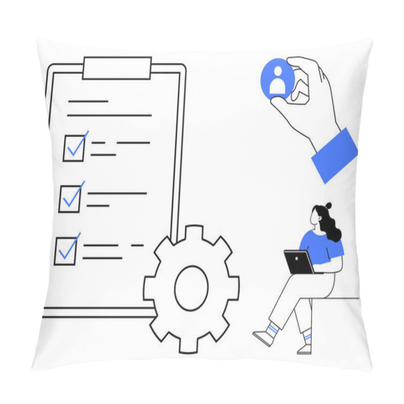 Personality  Gear And Checklist Symbolize Task Completion. Woman Seated, Using Laptop. Hand Holding Avatar Represents User Selection. Ideal For Project Management, Productivity Guides, HR Processes, Workflow Pillow Covers