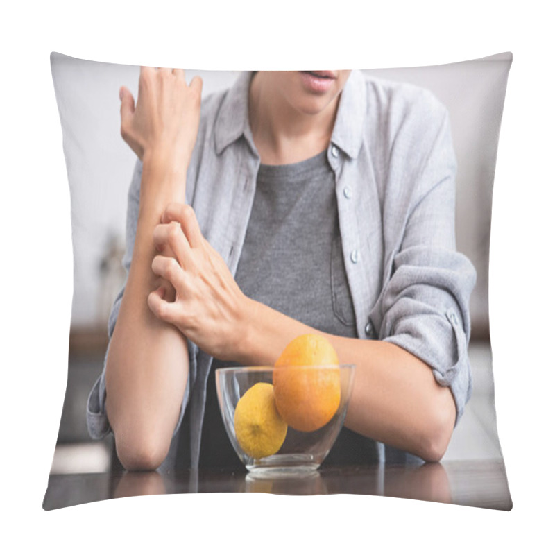 Personality  Cropped View Of Woman Scratching Hand Near Glass Bowl With Fruits  Pillow Covers