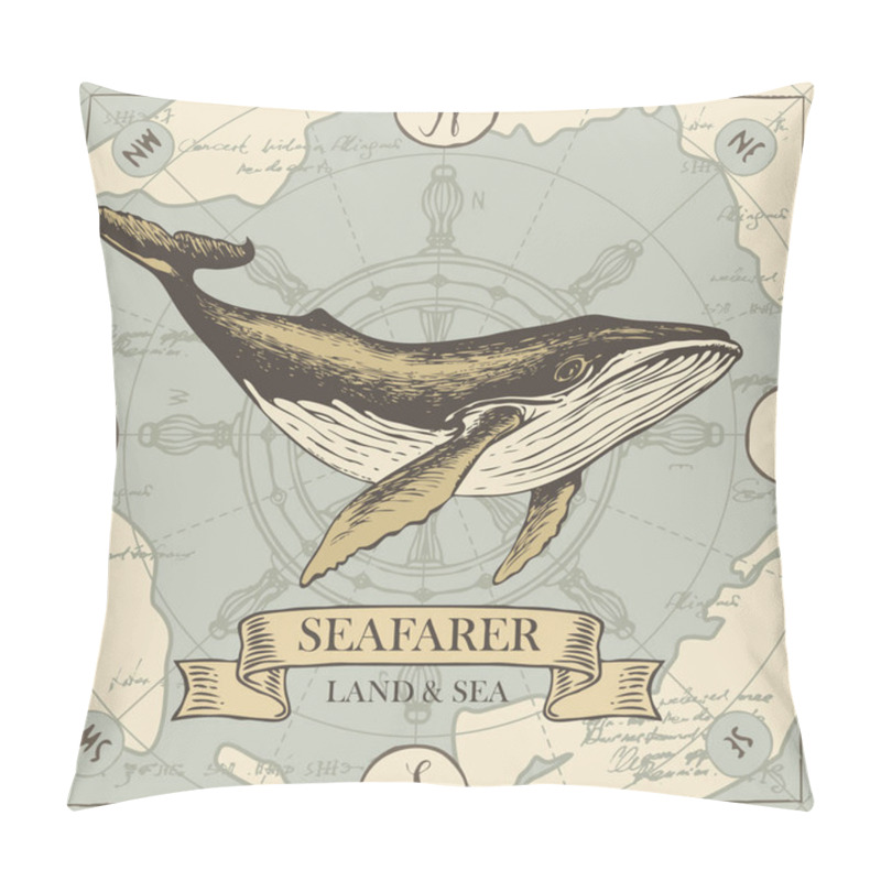 Personality  Retro Travel Banner With Big Whale And Old Map Pillow Covers