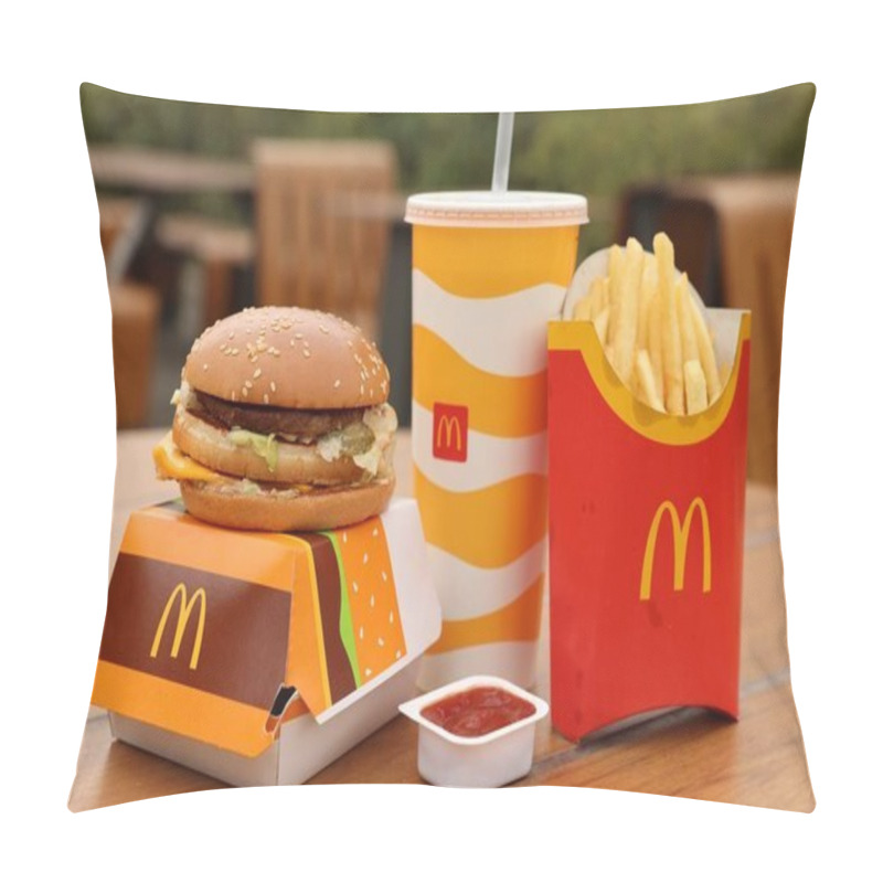 Personality  Lviv, Ukraine - October 9, 2023: McDonald's Menu On Wooden Table Outdoors Pillow Covers