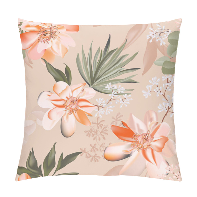 Personality  Seamless Rose And Eucaluphtys Branch. Tropical Pattern Flower And Greenery Palm Leaves Realistic Vector Illustration , Luxury Boho Floral Print Pattern. Rustic Bohemian Nature Hawaii Print Pillow Covers