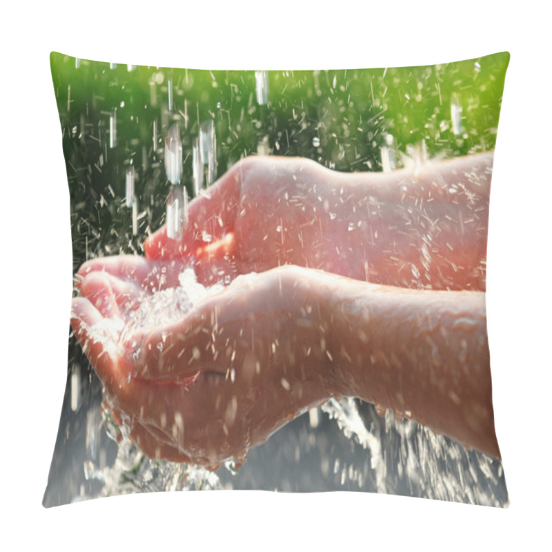 Personality  Hands Catching Clean Falling Water Close Up. Environmental Concept. Pillow Covers