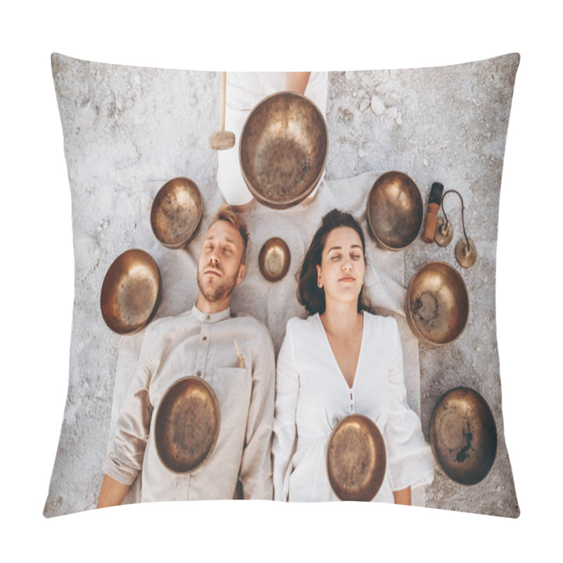 Personality   Group Therapy With Tibetan Singing Bowls For A Girl And A Boy Lying On The Ground In The Middle Of The Desert Surrounded By Copper Bowls, Meditation And Relaxation Pillow Covers