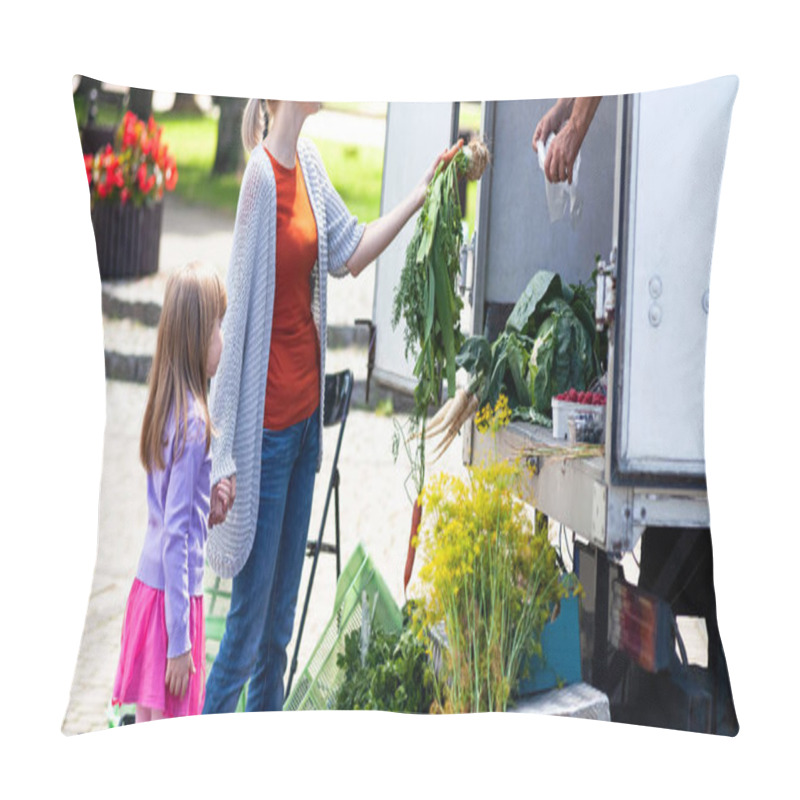 Personality  Mother And Her Child Buying Fresh Vegetables, Groceries From The Mobile Greengrocer In His Truck. Parent And Daughter, Family Shopping On Traditional Local Grocery Market Outdoors. Farmer Selling Food Pillow Covers