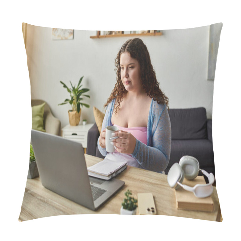 Personality  Dedicated Woman With Dark Hair Working At Home. Pillow Covers