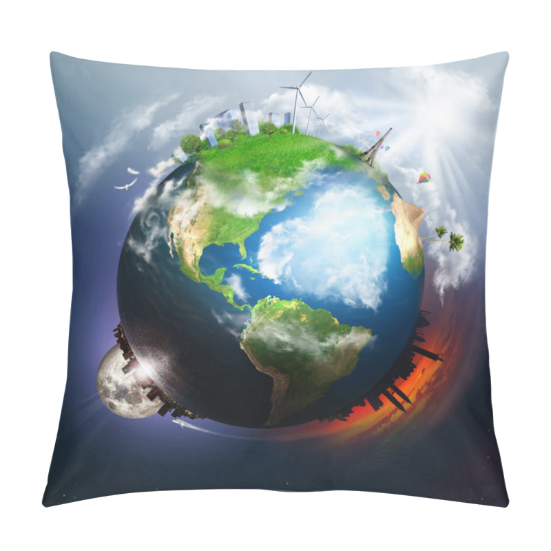 Personality  Earth With Different Elements On Its Surface And Big Heart Of Clouds Pillow Covers