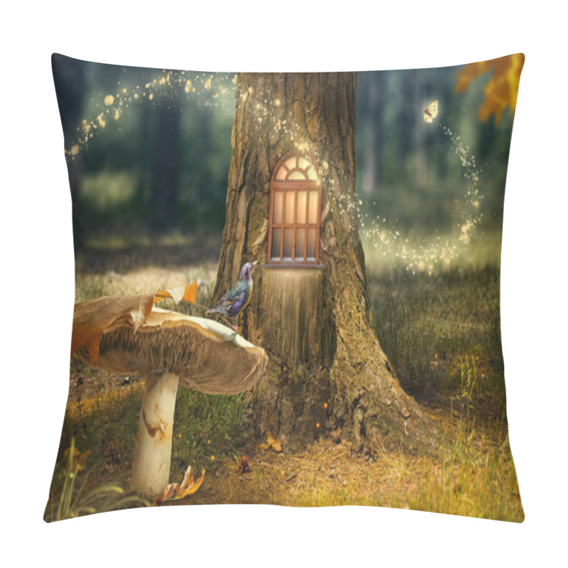 Personality  Enchanted Fairy Forest With Magical Shining Window In Hollow Tree, Large Mushroom With Bird And Flying Magic Butterfly Leaving Path With Luminous Sparkles Pillow Covers