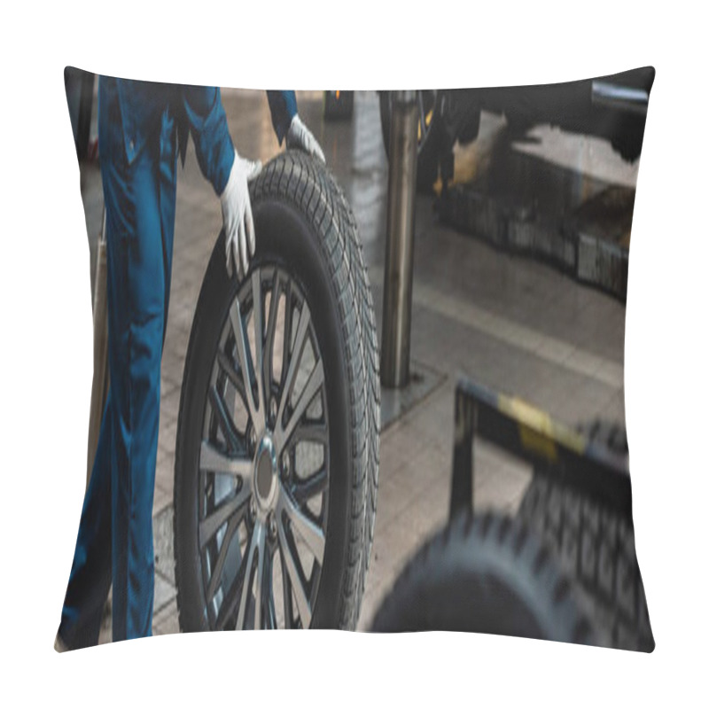 Personality  Cropped View Of Mechanic With Car Wheel In Workshop, Panoramic Shot Pillow Covers