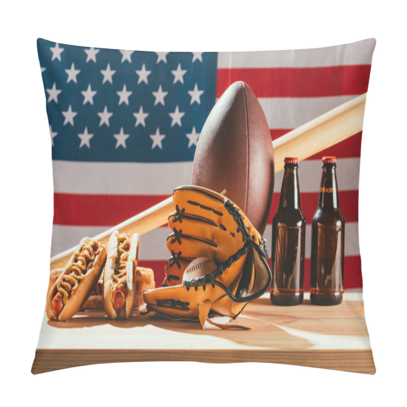 Personality  Close-up View Of Beer With Hot Dogs And Sport Equipment With American Flag Behind   Pillow Covers