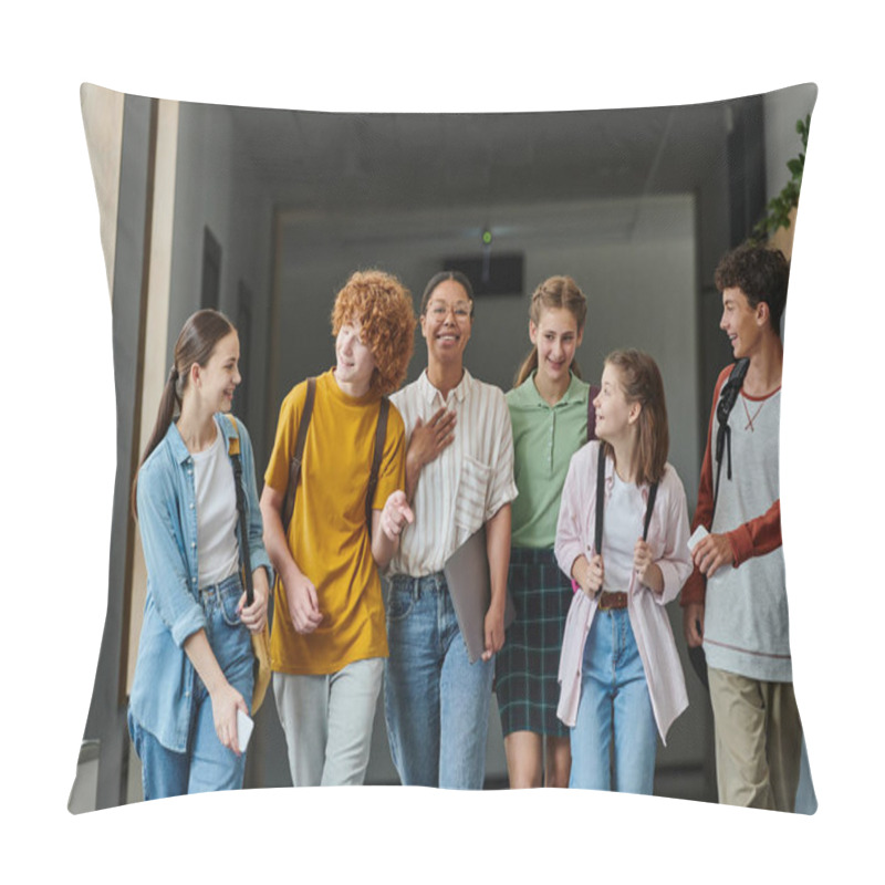 Personality  Back To School, Cultural Diversity, Teacher And Teenage Students Walking In School Hallway, Smile Pillow Covers