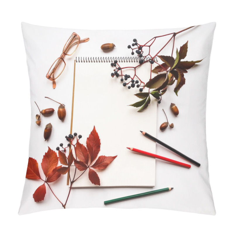 Personality  Autumn Composition With Sketchbook, Pencils And Glasses, Decorated With Red Leaves And Berries. Flat Lay, Top View Pillow Covers