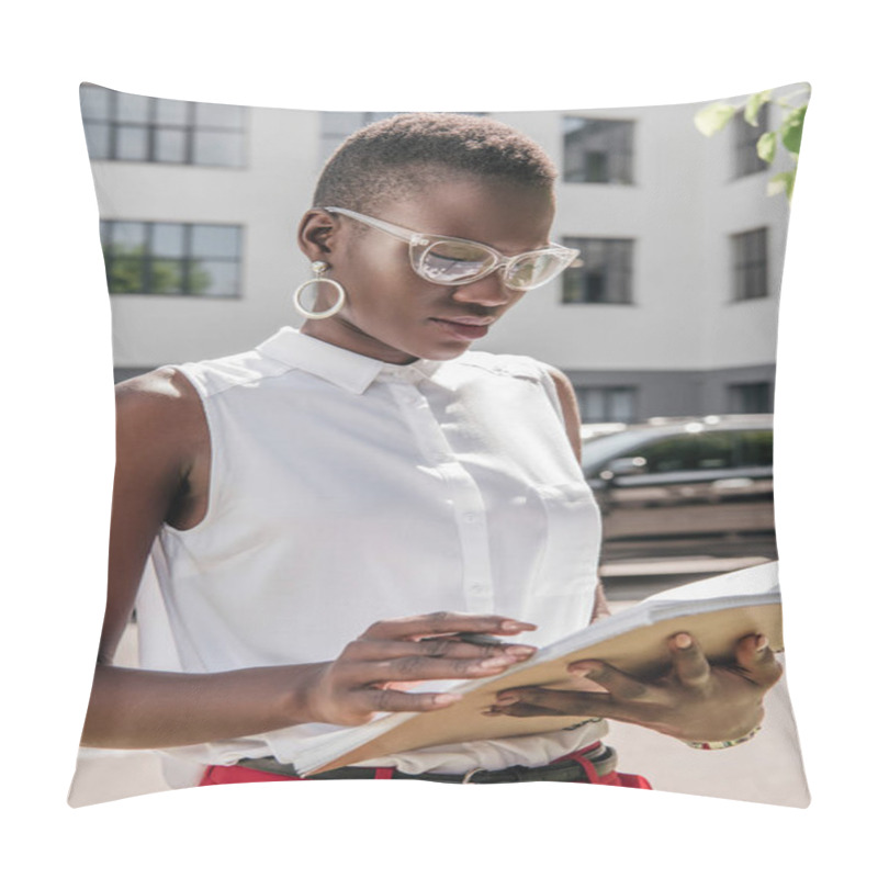 Personality  Stylish Attractive African American Businesswoman Looking At Documents On Street Pillow Covers