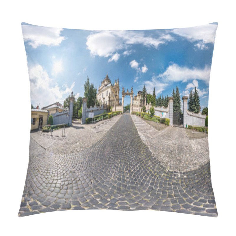 Personality  LVIV, UKRAINE - AUGUST 2019: Full Spherical Seamless Hdri Panorama 360 Degrees Near Gate Of Old Gothic Uniate Of St. George Cathedral In Equirectangular Projection, VR AR Content With Zenith And Nadir Pillow Covers